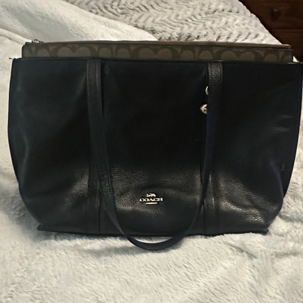 Coach Black Leather Tote with Signature Trim